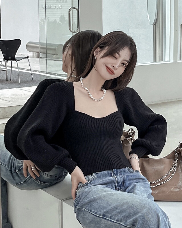 【SAVAGE】French Spice Girl Style Square Neck Long Sleeve Slim Slim Knit Sweater S2088# LXC