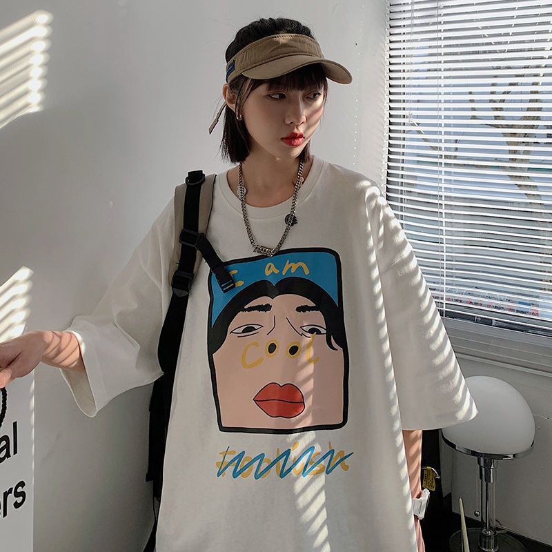100% cotton funny fun printed short-sleeved T-shirt female 2023 summer new Korean style student loose top trend