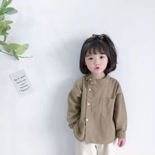 Spring and Autumn Boys and girls 2022 new retro handsome trendy top baby personality partial collar design cotton linen shirt