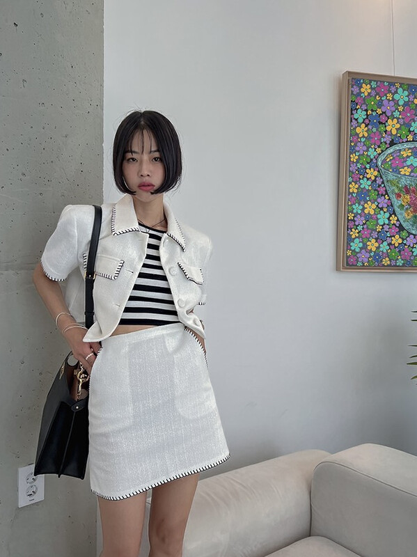 【SAVAGE】Korean all-match contrast color seaming design short jacket + slim skirt suit S3188# LXC