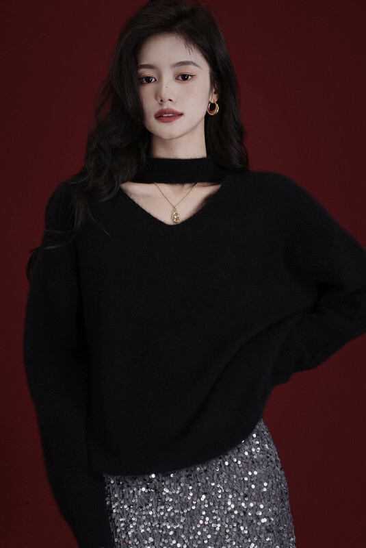 [SAVAGE] Atmospheric hanging neck V-neck loose and thin long-sleeved warm sweater S2050# WPL