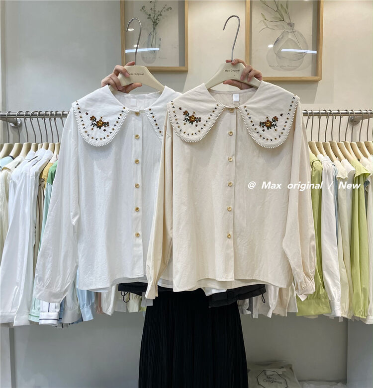 New in early spring! 【MAX ORIGINAL】Doll collar embroidered lady shirt 88979# HBX