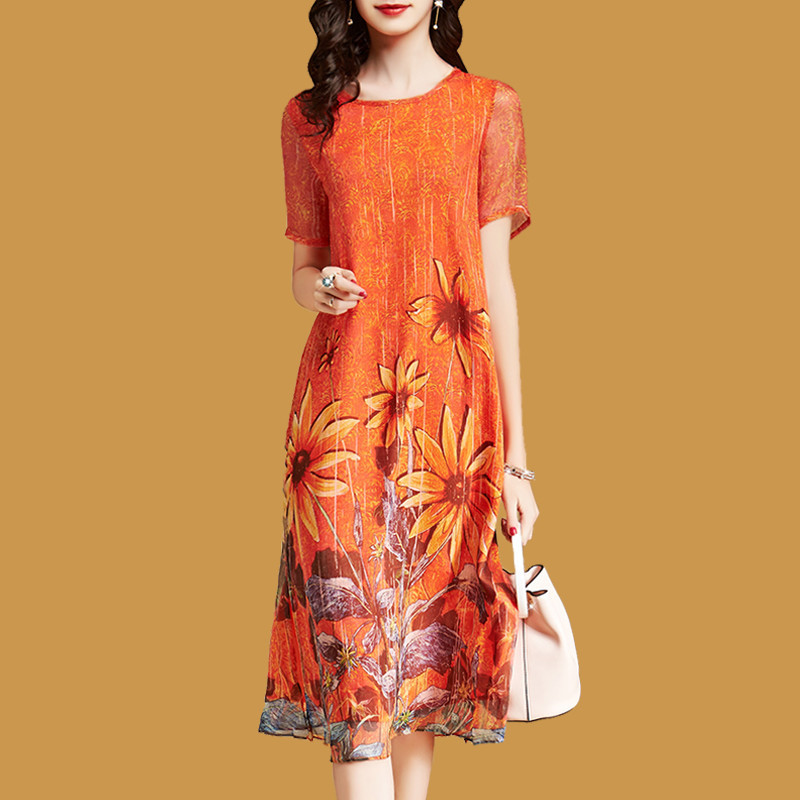 Silk dress women's new spring and summer loose imitation mulberry silk print mid-length knee-length chiffon beach dress