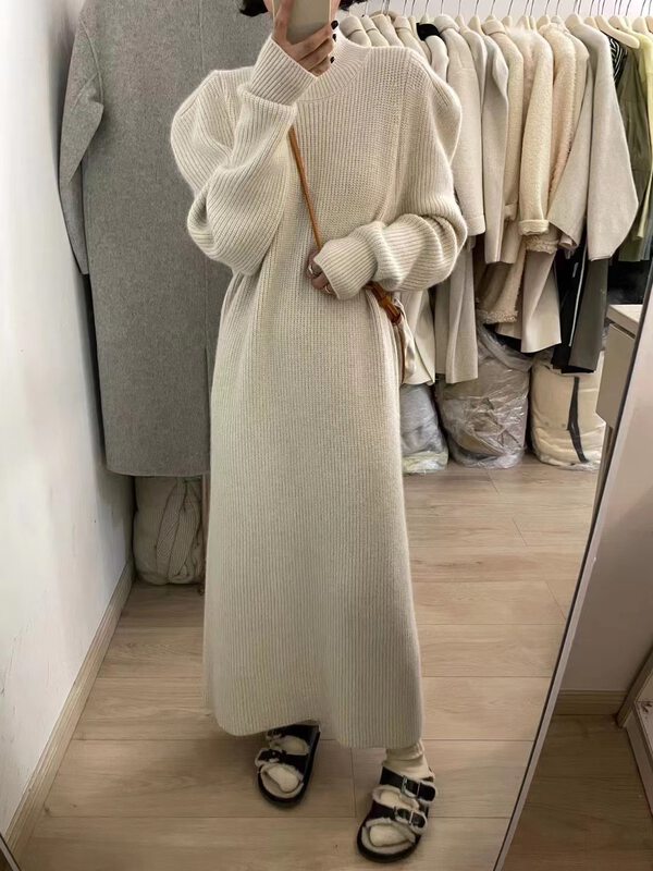 【WANWAN】Pure color loose puff sleeve half-high collar knitted dress 2070# HBX