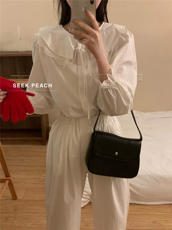2023 early spring new! 【SEEK PEACH】doll collar solid color comfortable all-match shirt 5959# L