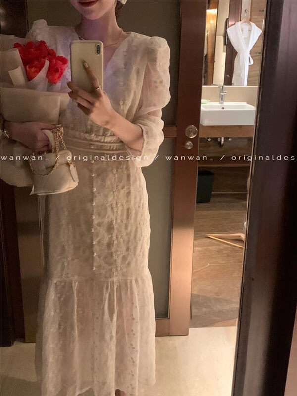 2023 early spring new! [WANWAN] Gentle temperament V-neck lace dress 66096# HBX