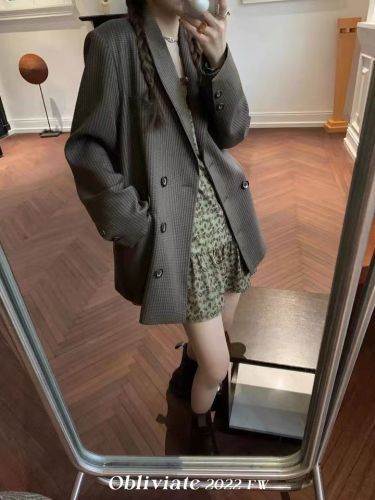 Spring new Korean high-end sense chic all-match casual texture retro dress solid color jacket suit female