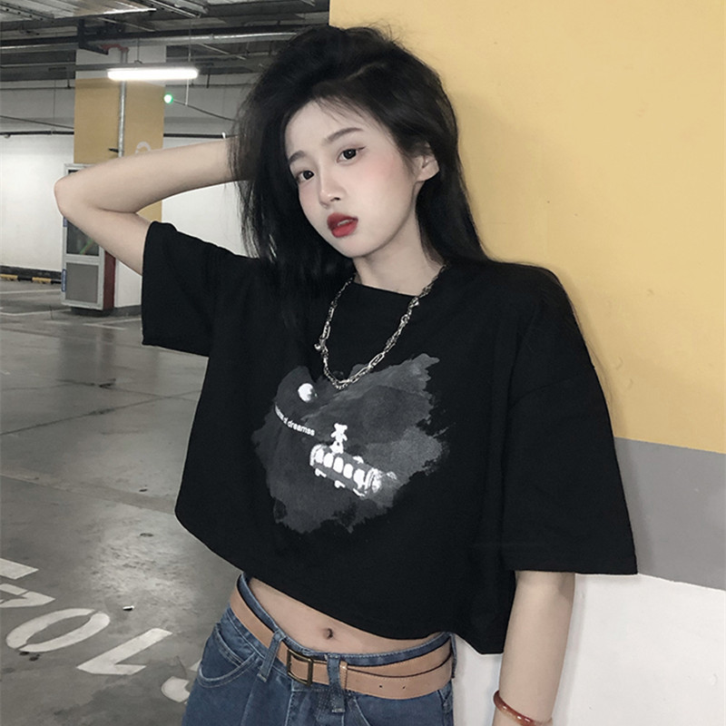 6535 cotton T-shirt women's trendy American short style hot girl loose short-sleeved bottoming shirt