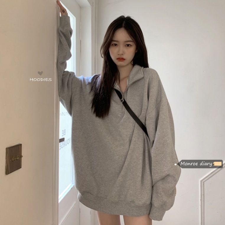Gray sweater women's autumn and winter 2021 new lazy wind polo loose mid-length top clothes ins trendy coat