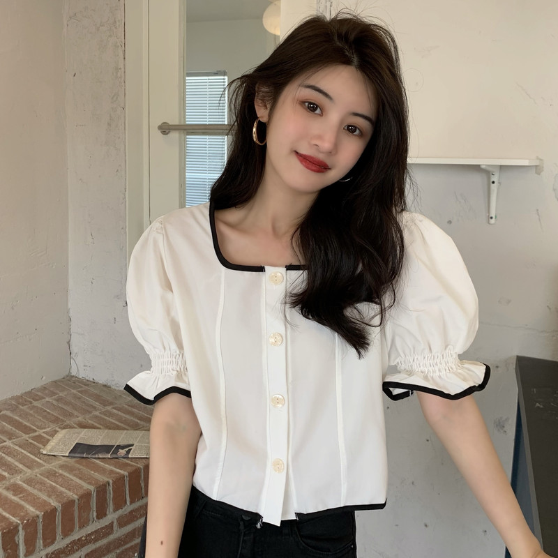 Real price puff sleeve square collar short button shirt all-match slimming white short-sleeved top