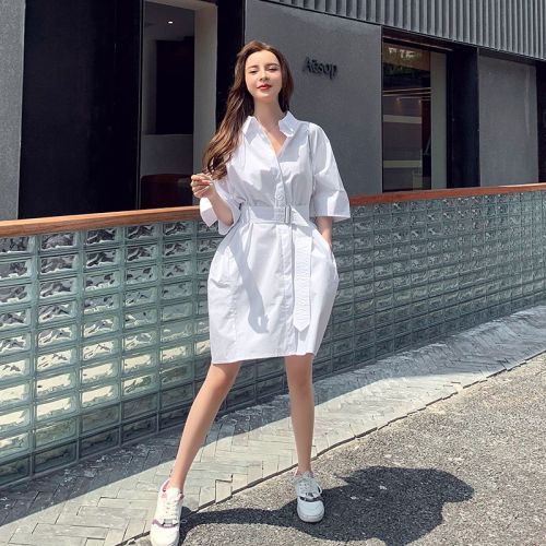 2021 summer new Korean style fashion Polo shirt dress slim waist all-match long shirt skirt women