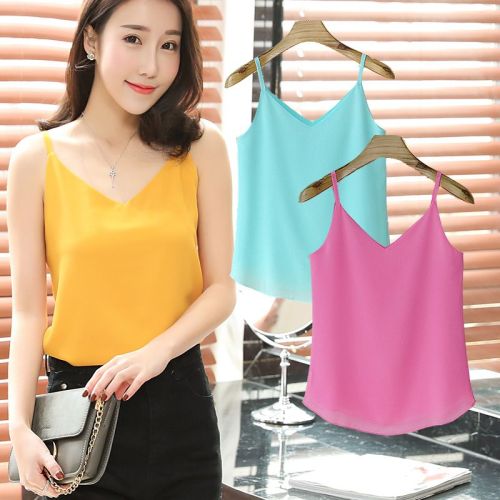New spring and summer casual sleeveless V-neck pearl chiffon sling bottoming shirt vest loose outerwear
