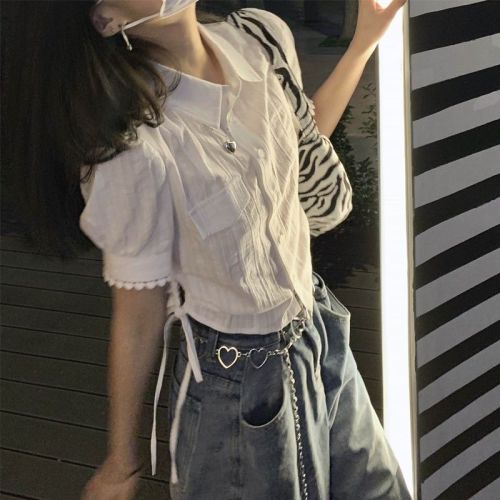 Pure desire spring and summer design sense niche French bubble short-sleeved shirt short drawstring sweet and spicy chic white top