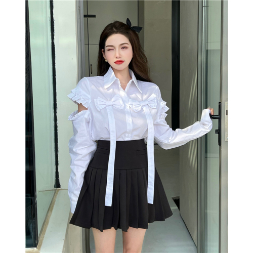 Real shot real price Korean version bowknot casual white shirt women's high waist slim pleated skirt suit