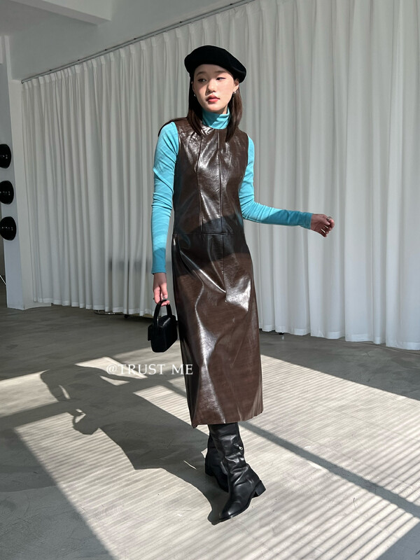 【TRUSTME】French retro net version thin vest leather dress 40208