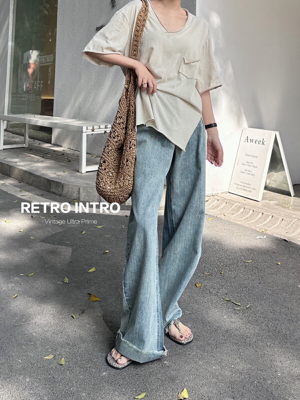 【RIN】Korean retro raw edge design all-match thin loose jeans R30033# CLS