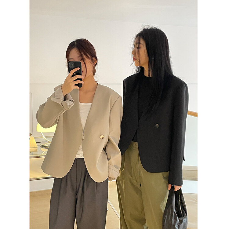 2023 early spring new! [CLEAN SPACE] V-neck one button fashion all-match short coat 35168S# CLS