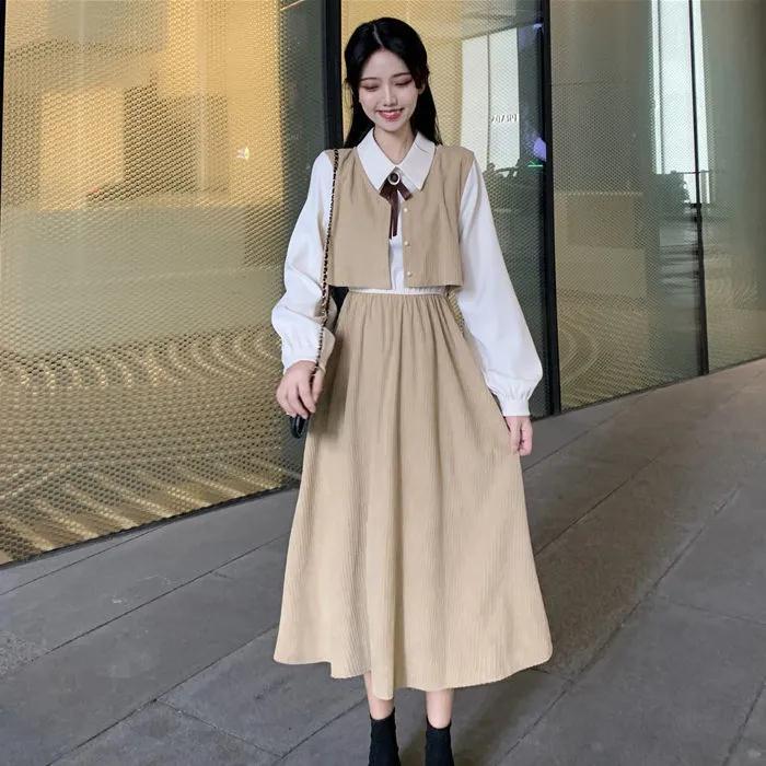 Spring new POLO collar splicing fake two-piece dress female student Korean version waist slimming college wind long skirt