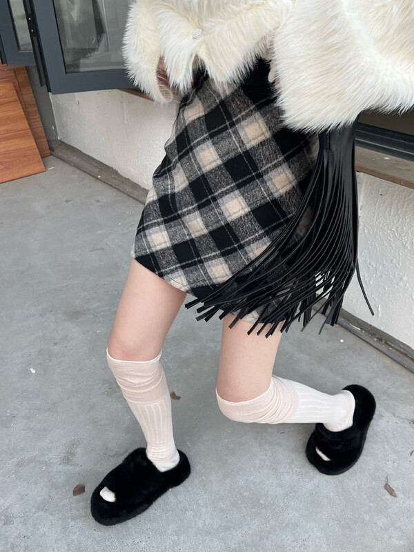 【FEI MAO】French retro plaid high waist slim plaid bag hip skirt A-line skirt skirt Z-9983