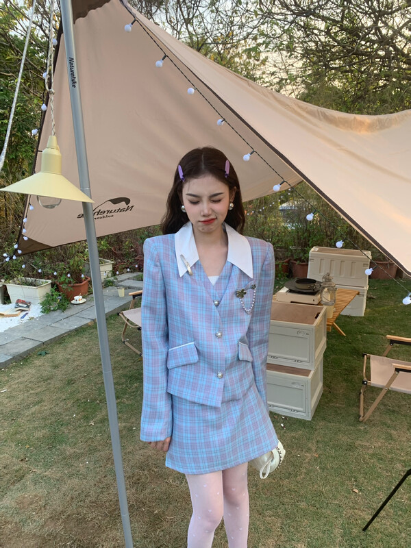 【FEI MAO】Small fragrance, ladylike temperament, check pattern, niche design, fashionable spring milk suit Z-9013# LSL