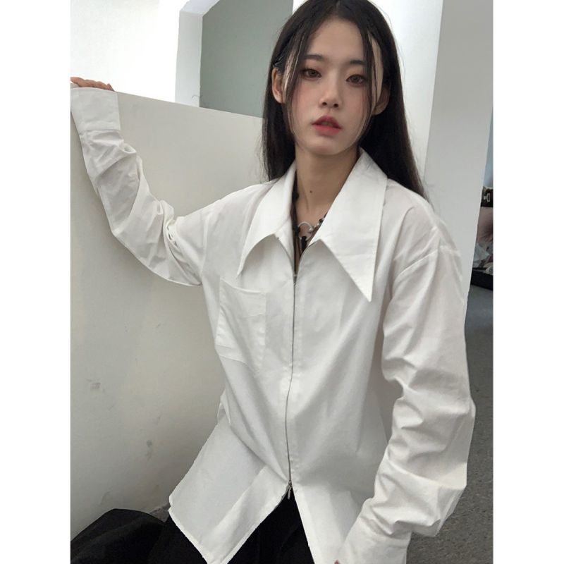 Spring and autumn zipper white shirt jacket female students Korean style square collar design sense niche high-end long-sleeved top trendy