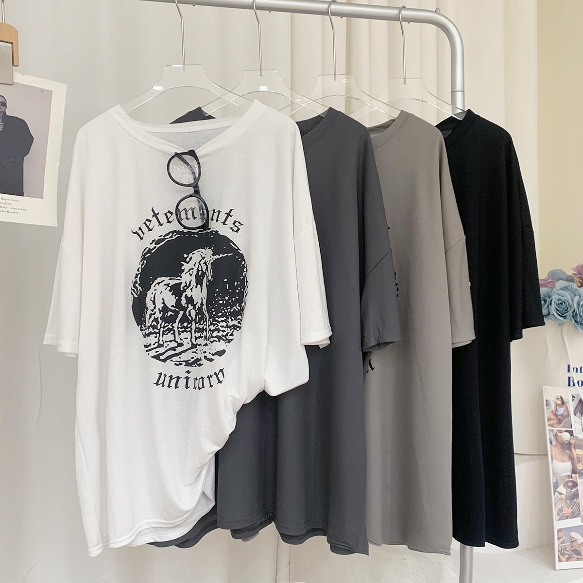 American half-sleeved silky breathable unicorn print short-sleeved T-shirt women's summer loose lazy bottom missing top