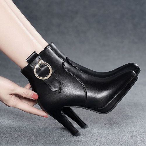  autumn and winter leather pointed-toe stiletto Martin boots black waterproof platform plus velvet short boots high-heeled side zipper women's single boots