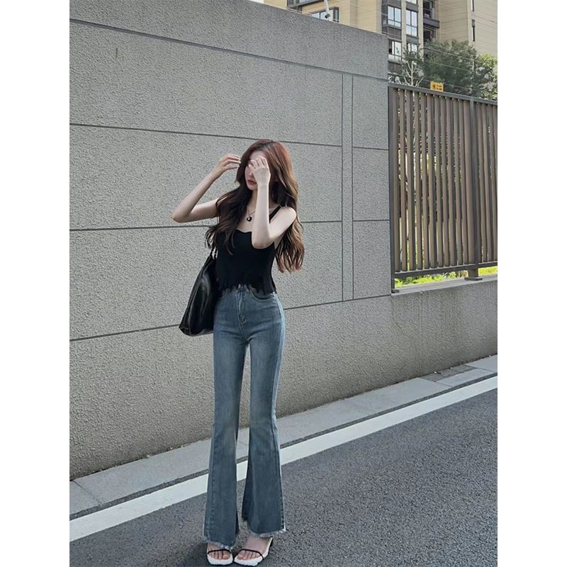 Retro blue slightly flared high-waisted jeans women's elastic slim fit hot girl straight loose wide-leg raw edge flared pants