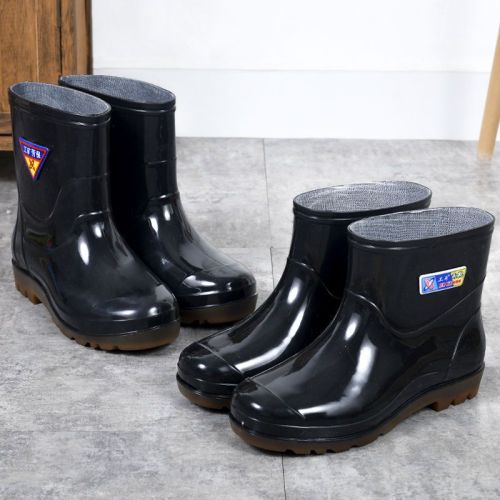 Rain boots short tube thickened tendon sole rain boots men's work plus velvet cotton shoes water shoes boots high school tube short tube overshoes