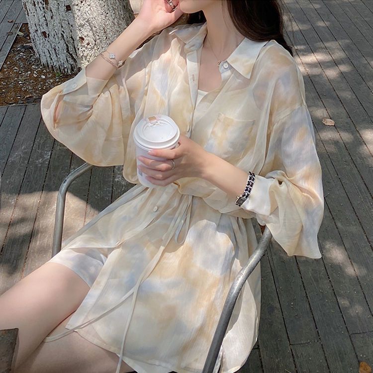 Sunscreen clothing women's 2022 spring and summer new Korean style fashion temperament shirt top wide-leg shorts western style two-piece trendy