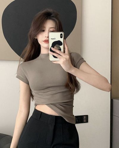 Real shot spring pure desire wind threaded cotton self-cultivation slim half-high collar short short-sleeved T-shirt ins show chest bottoming top