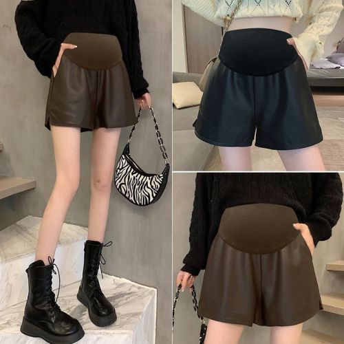Pregnant women's leather shorts autumn and winter loose casual slit wide-leg pants high waist slimming all-match outerwear a-line pu leather pants
