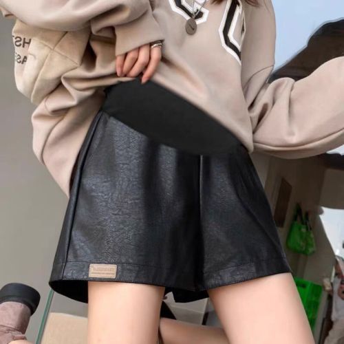 Pregnant women label leather shorts 2023 spring, autumn and winter Korean version of Aa word wide-leg pants women's outerwear trendy mother casual pu leather pants
