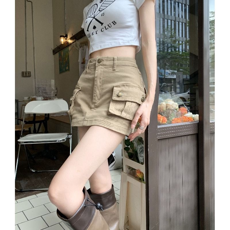 Khaki tooling short skirt female American retro high waist a-line pocket skirt hot girl anti-light bag hip skirt pants