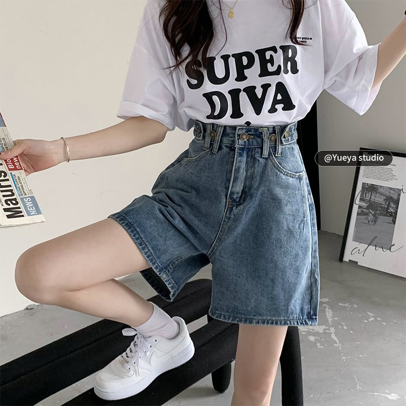 Retro denim shorts women's summer thin section high waist loose straight five-point pants 2022 new wide-leg pants