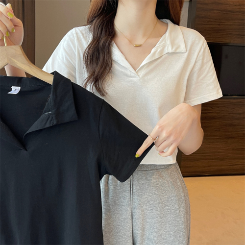 Real shot Korean POLO shirt women's short-sleeved T-shirt women's solid color cotton niche design