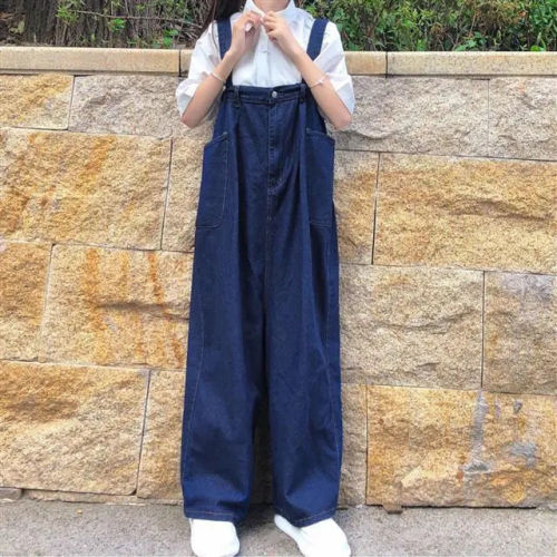 Japanese denim overalls fall and winter women's cute loose soft girl detachable slim wide-leg pants straight-leg jumpsuit