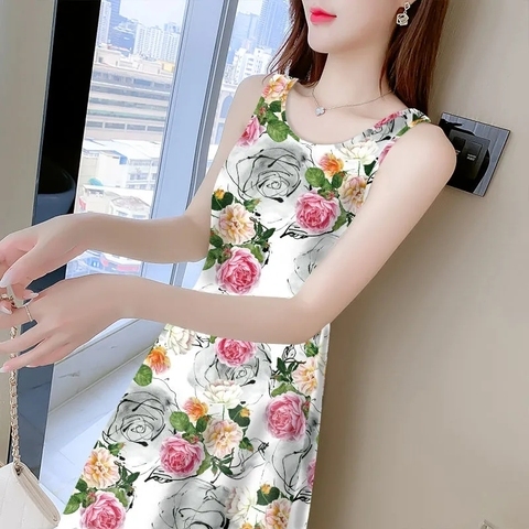 Lace-up waist mid-length vest dress women's summer new print straps sleeveless bottoming inner wear tide