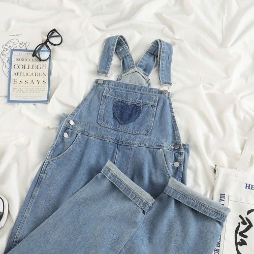 Summer new design sense embroidered love denim overalls women's high waist loose slim fried street ins straight pants