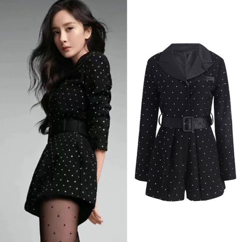 2022 spring Yang Mi same style black hot diamond suit jumpsuit temperament French long-sleeved high waist jumpsuit shorts