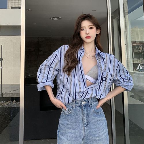 Real shot of spring new Hong Kong style letter embroidery loose casual mid-length striped outerwear shirt ins top tide