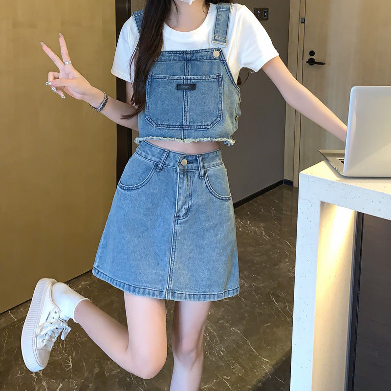 Denim strap top high waist skirt suit skirt women's lively and pure two-piece summer 2022 new style
