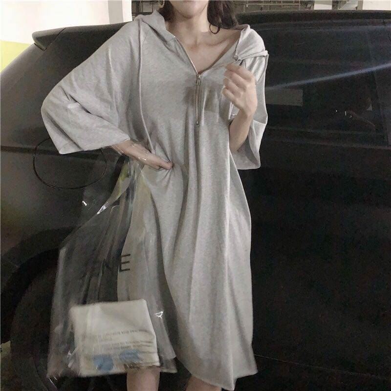 2023 spring and summer new Korean version loose long section over the knee Harajuku BF style student hooded long-sleeved T-shirt skirt