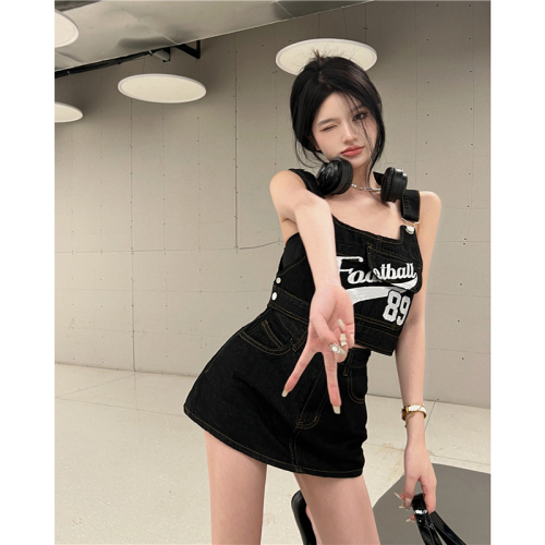 Real price sweet and spicy style retro tooling denim bag hip hakama suspender top suit
