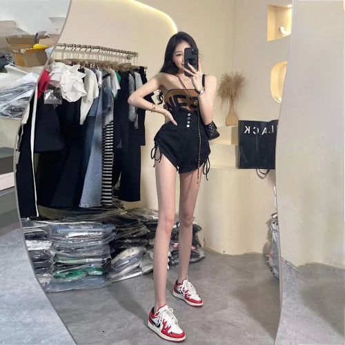 Black denim shorts women's summer high waist drawstring shorts look thin and all-match small foreign style elastic shorts
