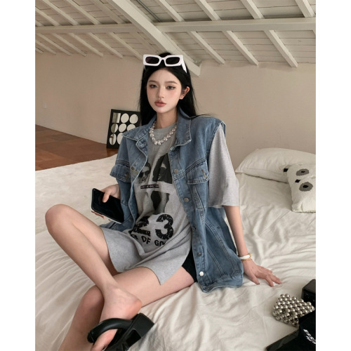 Real shot real price Korean version bf style retro loose denim vest loose printed short-sleeved t-shirt for women