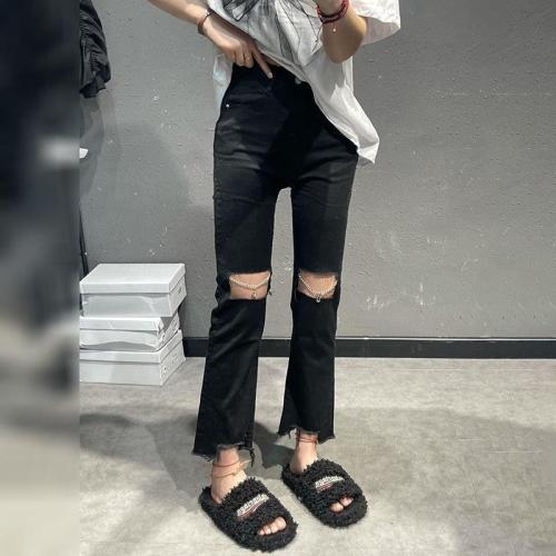  summer Korean version of high waist thin ins knee hole chain straight pants women's casual jeans student pants