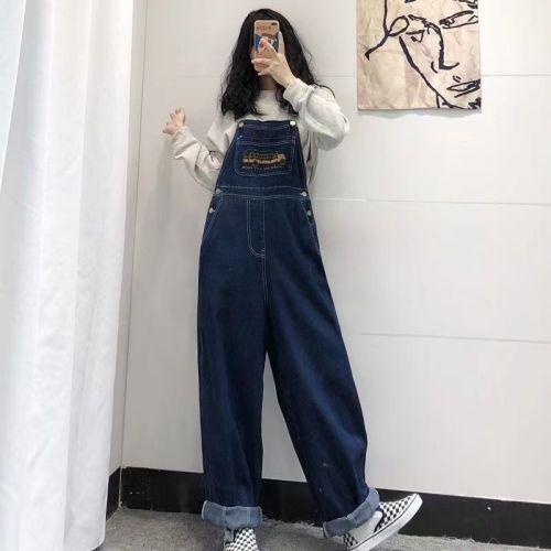 2022 new fashion personality ins spring and summer overalls loose straight wide-leg jeans female student pants tide