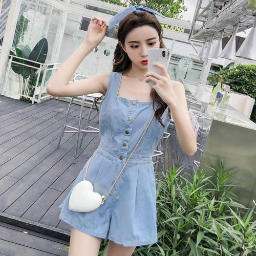 Suspender jumpsuit summer new short pants Korean version sleeveless straight tube slim high waist wide leg denim jumpsuit women