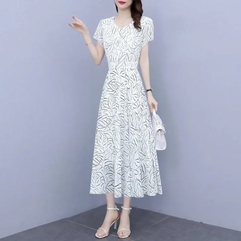 White Printed Chiffon Dress Women's Summer Dress 2022 New Slim Slim Large Size Belly Cover Floral Fairy Long Dress
